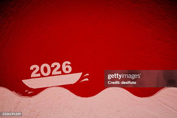 glowing comic fun cartoon theme christmas or new year, valentine diwali red vector backgrounds with textured effect rough plastered wall with painted graffiti of one boat or yacht sailing over tide of waves with text 2026 aboard, splash drops, copy space - rollercoaster drop stock illustrations
