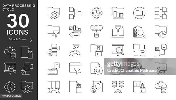 data processing cycle line vector icon set. pixel perfect. editable stroke. stock illustration. icon symbol, storage, technology, information - input device stock illustrations