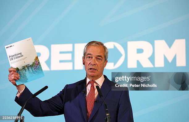 Reform UK leader Nigel Farage reveals far reaching changes to migration policy during the Reform UK weekly press conference on September 22, 2025 in...