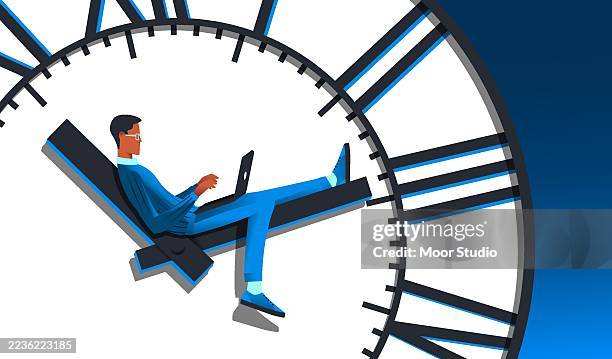 freelancer working inside giant clock vector illustration - time-management-matrix stock illustrations
