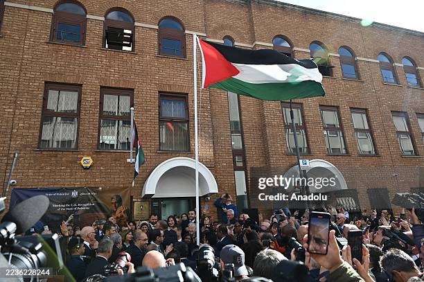 Flag-raising ceremony held at the newly opened Palestinian Embassy building following the United Kingdom's decision to recognize the State of...