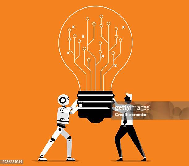 businessman - artificially intelligent robot - lightbulb - value creation stock illustrations