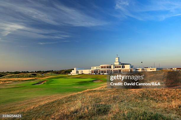 General view of the 18th hole and clubhouse at Royal Birkdale Golf Club, the host course for the 154th Open Championship, on August 17, 2025 in...