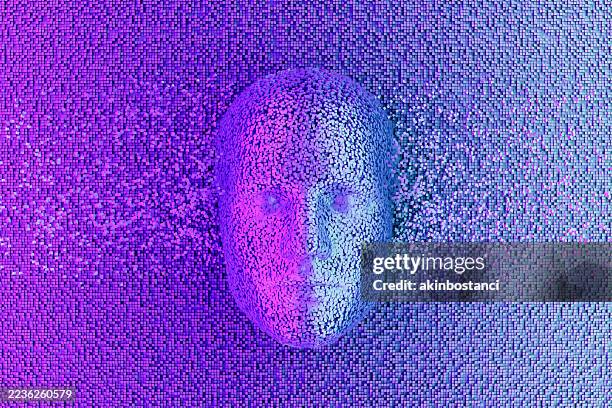 artificial intelligence, deep learning, technology background. dissolving human face with cube shaped particles. - deep learning stock pictures, royalty-free photos & images