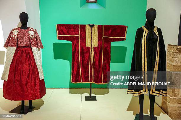 Modern and traditional Kaftan garments are displayed during the "Kaftan of Yesterday, Today's Vision" an exhibition by Fadila El Gadi, at the...