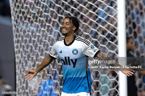 Idan Toklomati of Charlotte FC celebrates after scoring the team's second goal during the MLS match between Charlotte FC and Inter Miami CF at Bank...