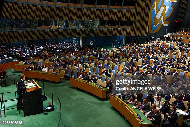 France's President Emmanuel Macron speaks during a United Nations Summit on Palestinians at UN headquarters during the United Nations General...