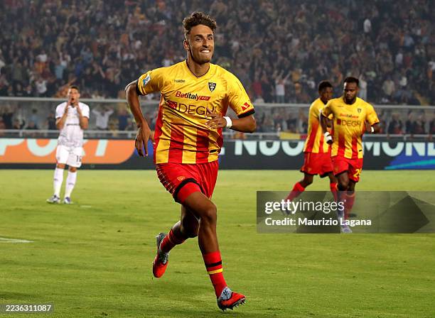 Tiago Gabriel Coelho Oliveira of US Lecce celebrates after scoring his team's opening goal during the Serie A match between US Lecce and Cagliari...