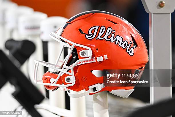 An Illinois helmet sits on the sideline during a college football game between the Illinois Fighting Illini and Indiana Hoosiersi on September 20,...