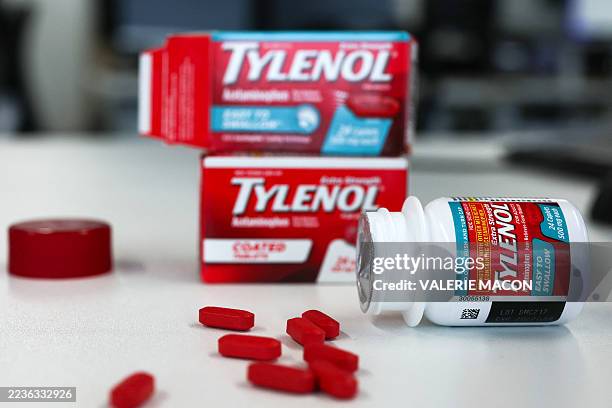 In this photo illustration, Tylenol packages and caplets are displayed, in Los Angeles, California, on September 22, 2025. US President Donald Trump...