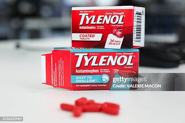 In this photo illustration, Tylenol packages and caplets are displayed, in Los Angeles, California, on September 22, 2025. US President Donald Trump...