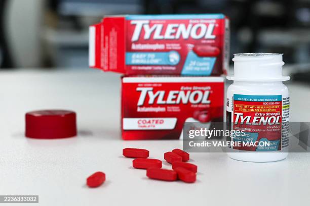 In this photo illustration, Tylenol packages and caplets are displayed, in Los Angeles, California, on September 22, 2025. US President Donald Trump...