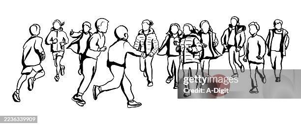 kids running together sketch - high school baseball white background stock illustrations