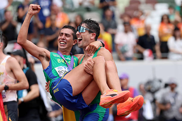 Caio Bonfim of Team Brazil reacts after crossing the finish line to win the Men's 20 Kilometres Race Walk during day eight of the World Athletics...
