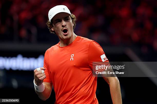 Joao Fonseca of Team World reacts against Flavio Cobolli of Team Europe during day one of Laver Cup 2025 at Chase Center on September 19, 2025 in San...