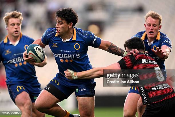 Thomas Umaga-Jensen of Otago charges forward during the round eight NPC match between Canterbury and Otago at Apollo Projects Stadium, on September...