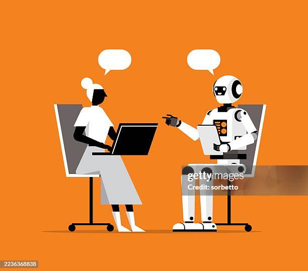 businesswoman and ai robot working together - futuristic interior stock illustrations