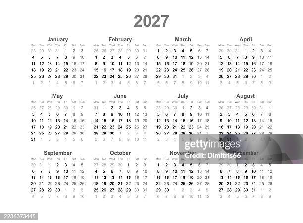 twelve month 2027 calendar - monday stock illustrations