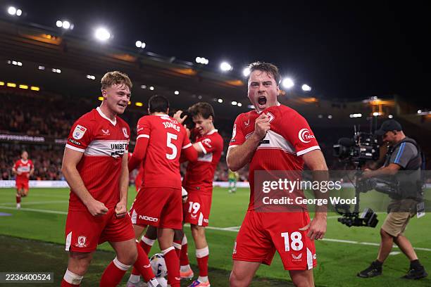 Aidan Morris of Middlesbrough celebrates his team's second goal scored by Kaly Sene during the Sky Bet Championship match between Middlesbrough and...