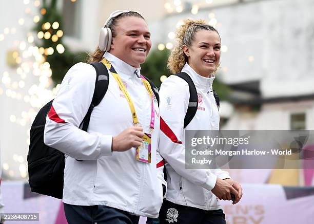 Sarah Bern and Ellie Kildunne of England arrive at the ground prior to the Women's Rugby World Cup 2025 Semi Final match between France and England...