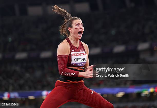 Anete Sietina of Team Latvia celebrates after winning the silver medal in the Women's Javelin Throw Final on day eight of the World Athletics...