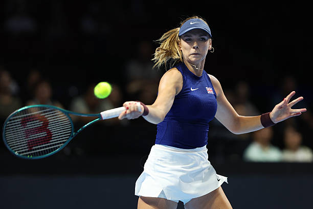 Katie Boulter of Great Britain plays a forehand during match 1 against Jessica Pegula of United States in the Billie Jean King Cup by Gainbridge...