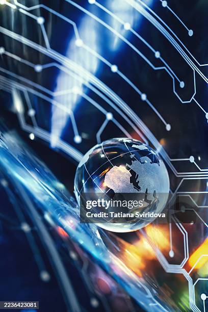 crystal world globe on computer network background. big data and network security, globalization - developing world technology stock pictures, royalty-free photos & images