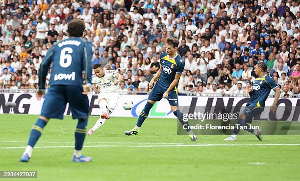 Kylian Mbappe of Real Madrid scores his team's second goal during the LaLiga EA Sports match between Real Madrid CF and RCD Espanyol de Barcelona at...