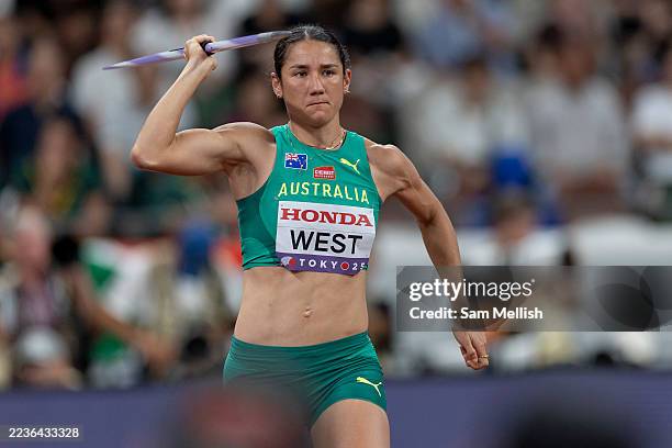 Tori West of Australia competes in the Women's Heptathlon Javelin Throw during day eight of the World Athletics Championships Tokyo 2025 at National...