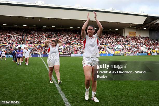 Abbie Ward of England applauds the fans following victory in the Women's Rugby World Cup 2025 Semi Final match between France and England at Ashton...