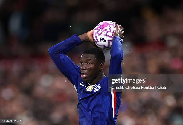 Moises Caicedo of Chelsea takes a throw-in during the Premier League match between Manchester United and Chelsea at Old Trafford on September 20,...