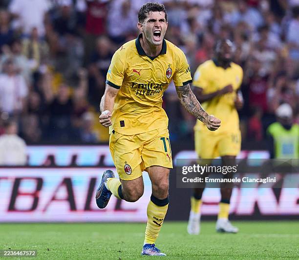 Christian Pulisic of AC Milan celebrates after scoring his team's first goal during the Serie A match between Udinese Calcio and AC Milan at Stadio...