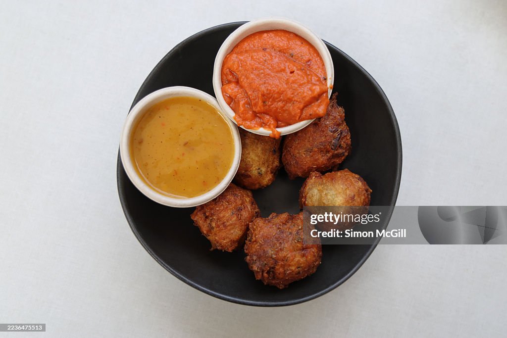 Vegetarian kofta with satay and mango dipping sauces