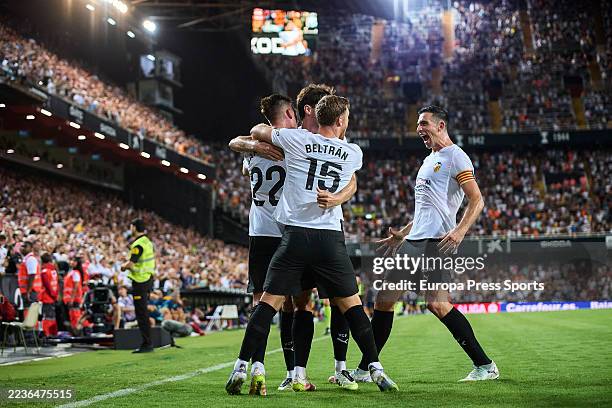 Baptiste Santamaria of Valencia CF celebrates after scoring his team's first goal during the Spanish League, LaLiga EA Sports, football match played...