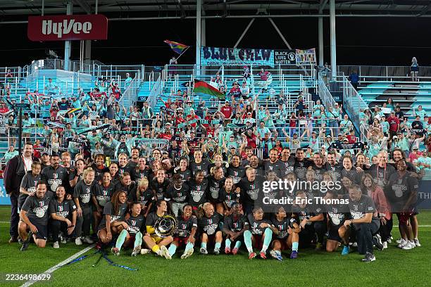 Players of Kansas City Current pose for a team photo with the Shield after winning the NWSL match between Kansas City Current and Seattle Reign at...