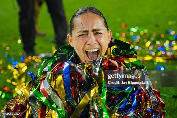 Lo'eau LaBonta of Kansas City Current celebrates after winning the Shield following the NWSL match between Kansas City Current and Seattle Reign at...