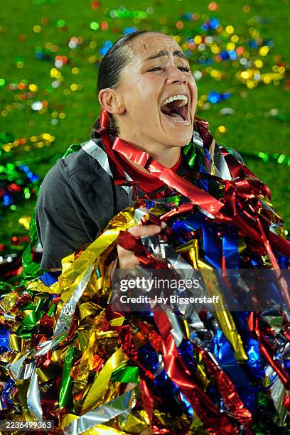 Lo'eau LaBonta of Kansas City Current celebrates after winning the Shield following the NWSL match between Kansas City Current and Seattle Reign at...