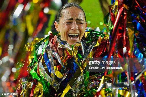 Lo'eau LaBonta of Kansas City Current celebrates after winning the Shield following the NWSL match between Kansas City Current and Seattle Reign at...
