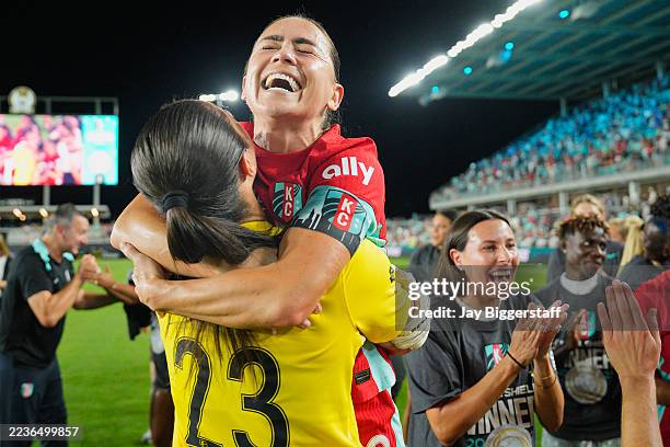 Lo'eau LaBonta and Lorena of Kansas City Current celebrate after winning the Shield following the NWSL match between Kansas City Current and Seattle...