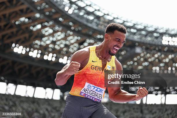 Leo Neugebauer of Team Germany reacts while competing in the Pole Vault leg of the Decathlon during day nine of the World Athletics Championships...
