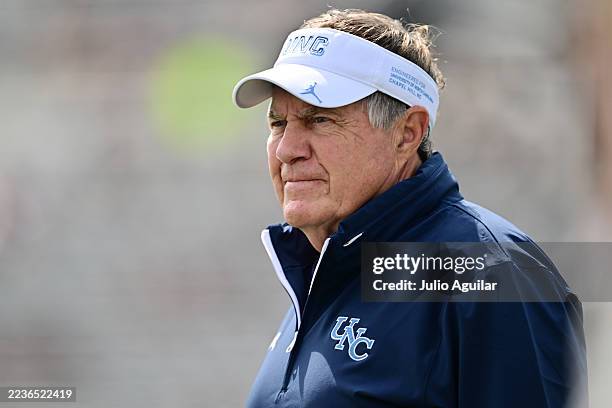 Head coach Bill Belichick of the North Carolina Tar Heels looks on prior to a game against the UCF Knights at FBC Mortgage Stadium on September 20,...