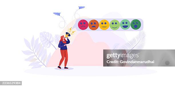customer satisfaction survey and service quality feedback – man shouting with emoticon review, angry and happy faces, client questionnaire, user experience, rating and opinion concept - negative feedback stock illustrations
