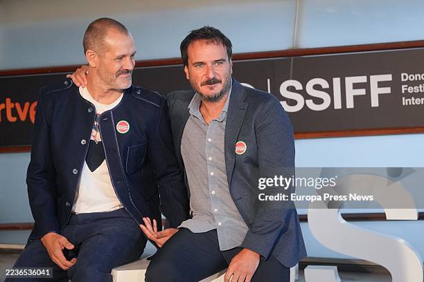 Directors Jose Mari Goenaga and Aitor Arregi , pose during the presentation of the film 'Maspalomas', at the 73rd edition of the San Sebastian Film...