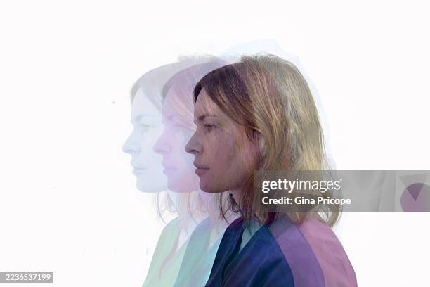 portrait of a woman in multiple exposure. - compuesto digital fotografías e imágenes de stock