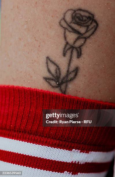 Red rose tattoo is seen during the Women's Rugby World Cup 2025 Semi Final match between France and England at Ashton Gate on September 20, 2025 in...