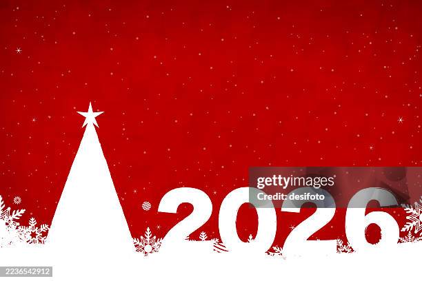 glittering christmas horizontal red background with happy new year text 2026 and white coloured triangle as xmas tree with a star at top and snowflakes frill at bottom edge border, shiny dots as snowing snow all over bright vibrant maroon vector backdrop - bling letters stock illustrations