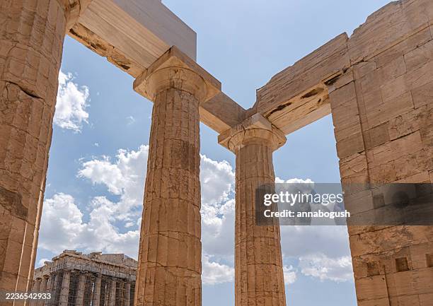 close-up of columns of the athenian acropolis, athens, attica, greece - ancient greece stock pictures, royalty-free photos & images