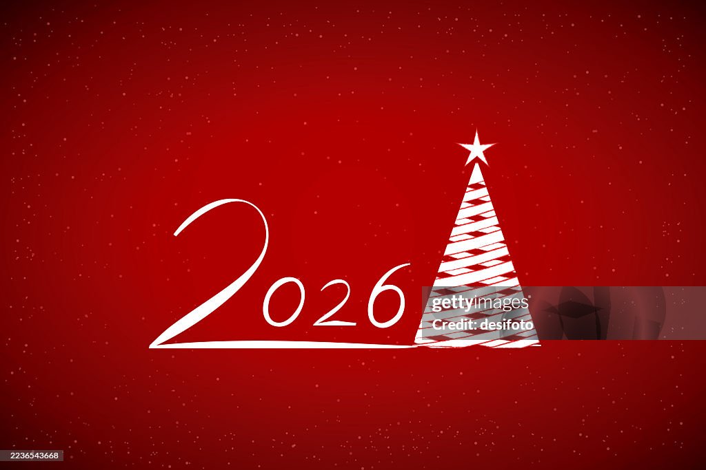 Horizontal vibrant red maroon color gradient shiny creative art wicker cartoon decorated Christmas tree with star shape tree topper against glittery glittering starry ornate wall vector Happy New Year festive celebration backgrounds with text number 2026