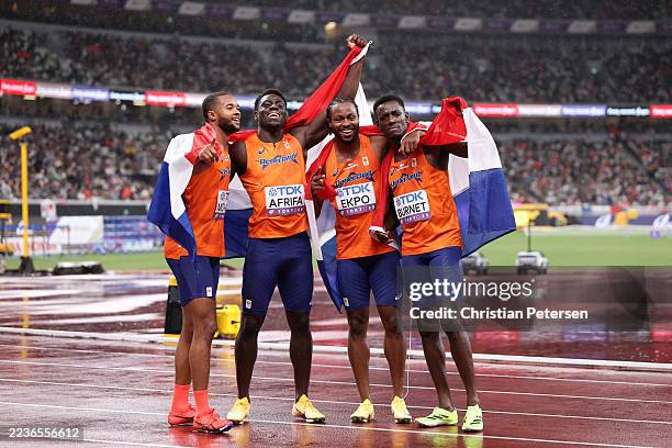 Bronze medalists Xavi Mo-Ajok, Elvis Afrifa, Nsikak Ekpo and Taymir Burnet of Team Netherlands pose for a photo after competing in the Men's 4x100...