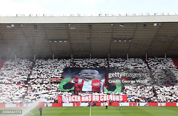 Tifo in remembrance of Bradley Lowery is displayed in the Sunderland stand prior to the Premier League match between Sunderland and Aston Villa at...